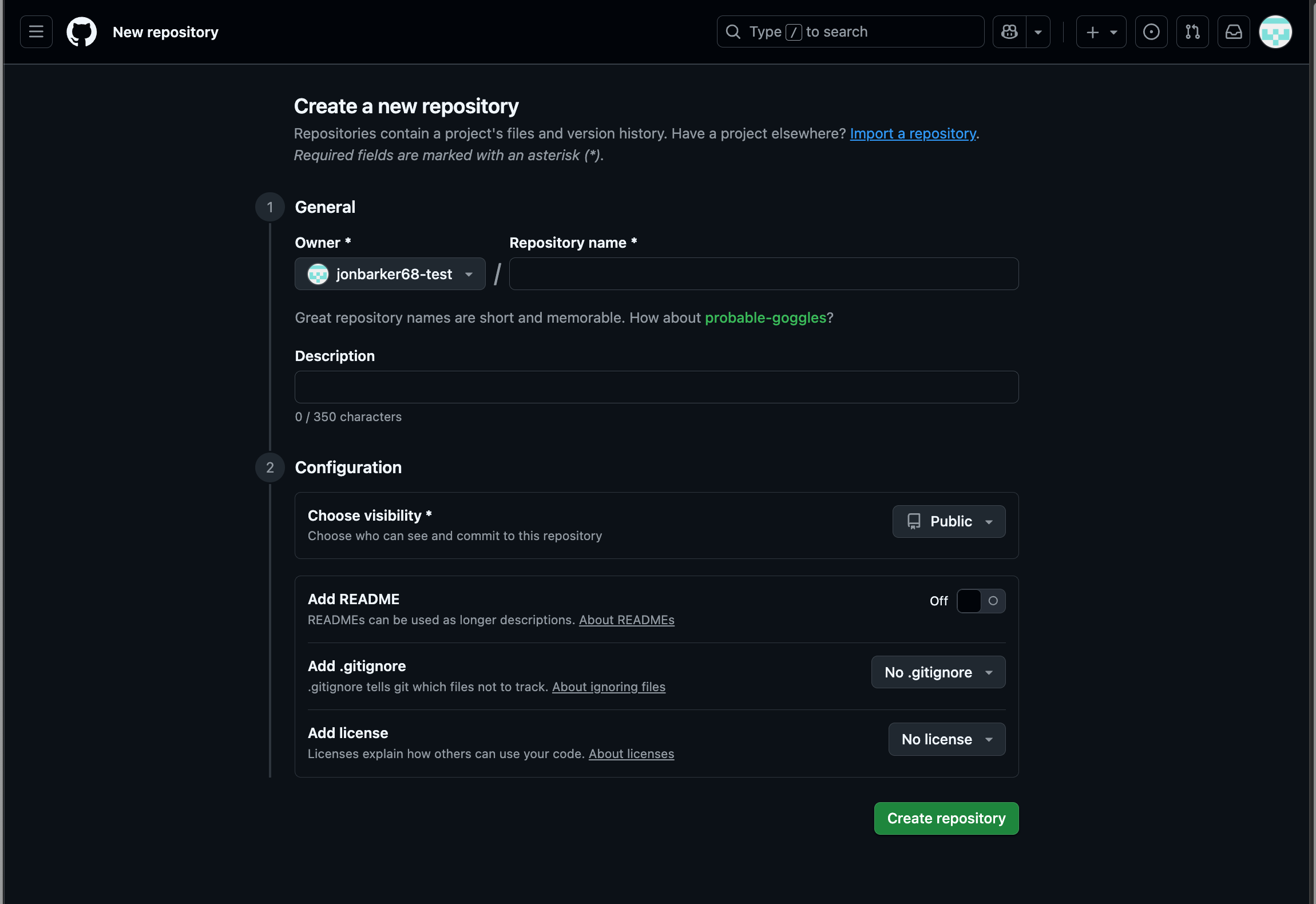 GitHub new repo form