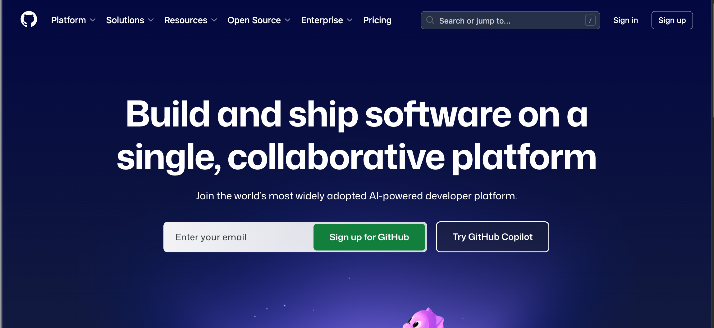 GitHub home page with signup button